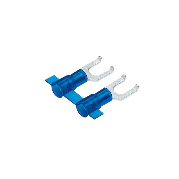Fork Terminal, #8 Stud Size, 14 AWG, 600 V, Nylon Insulated, Blue, Crimp Termination Only, 3000 PK